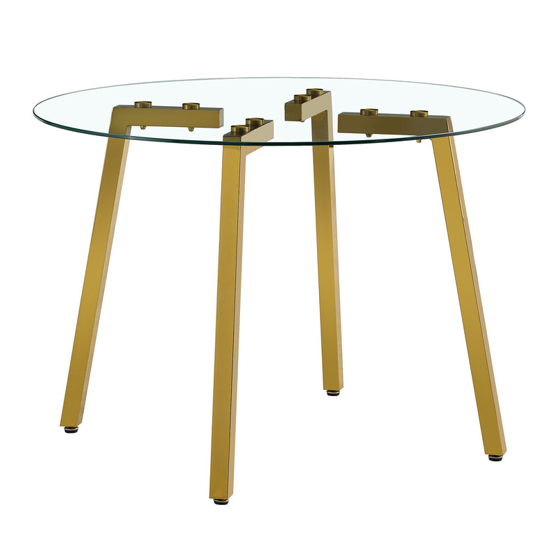 Table and chair set.A Modern Minimalist Style Round Clear Tempered Glass Table with Metal Legs.Paried with white chairs with Modern PU Leather High Back Upholstered and C-Tube Golden Legs.