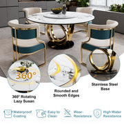 Round Dining Set with 360° Rotating Lazy Susan, Scratch & Heat‑Resistant Sintered Stone Tabletop, 4 Gold‑Plated Iron Thick Cushion Chairs for Dining Room, Kitchen, Compact Space