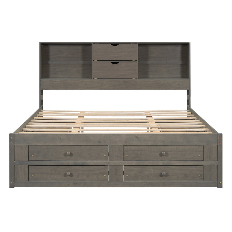 King Size Platform Bed with Storage Headboard and 8 Drawers, Gray