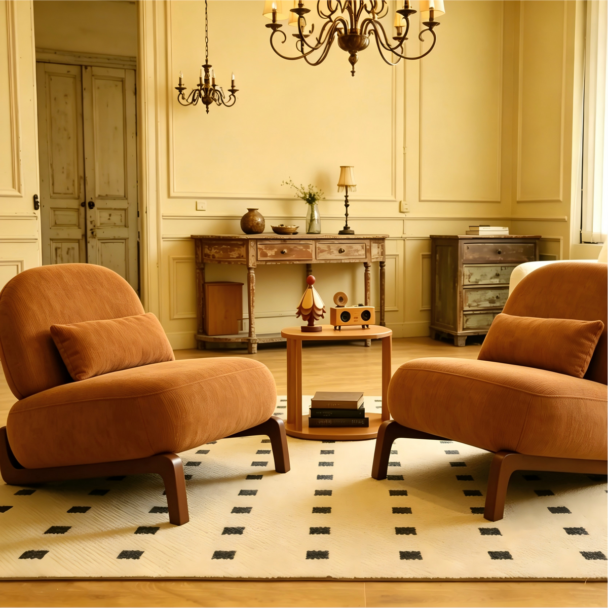 Cute Accent Chair with Solid Wood Legs, Living Room Chair with Soft fabric Cushion, Cozy Bedroom Chair, Comfy Armless Reading Chair for Apartment, Waiting Room, Balcony,Set of 2 (Caramel)