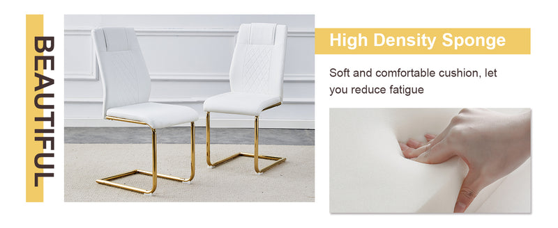 Table and chair set.A Modern Minimalist Style Round Clear Tempered Glass Table with Metal Legs.Paried with white chairs with Modern PU Leather High Back Upholstered and C-Tube Golden Legs.