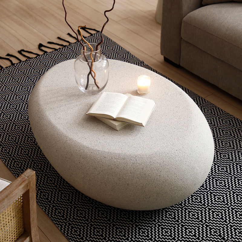 43.31''Fiberglass Elliptical Coffee Table for Living Room Vintage Table,Matte Rocks Table front of the Sofa, Irregular Center Table,No Need Assembly,Cream White