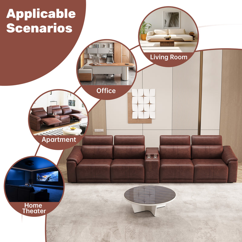 Power Recliner Sofa Set, 4-Seat Reclining Sectional Sofa with Adjustable Headrest &  Power Recline, Breathable Leather with Storage Console & USB Ports, Easy Assembly Living Room Furniture Sets