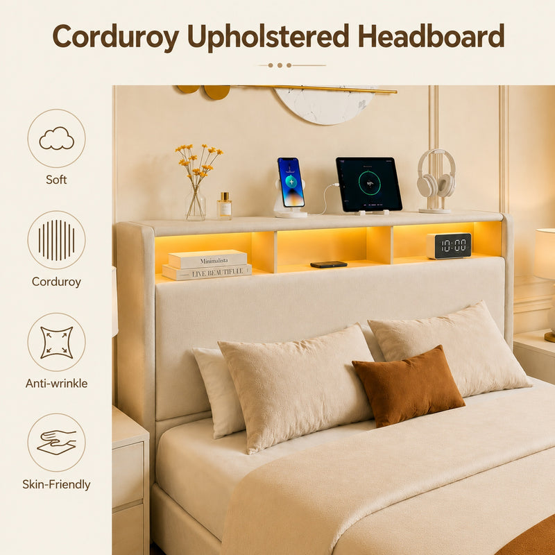 Queen-size upholstered bed with drawers, storage headboard with charging station and LED lights, no spring mattress needed, silent design, easy to assemble, beige