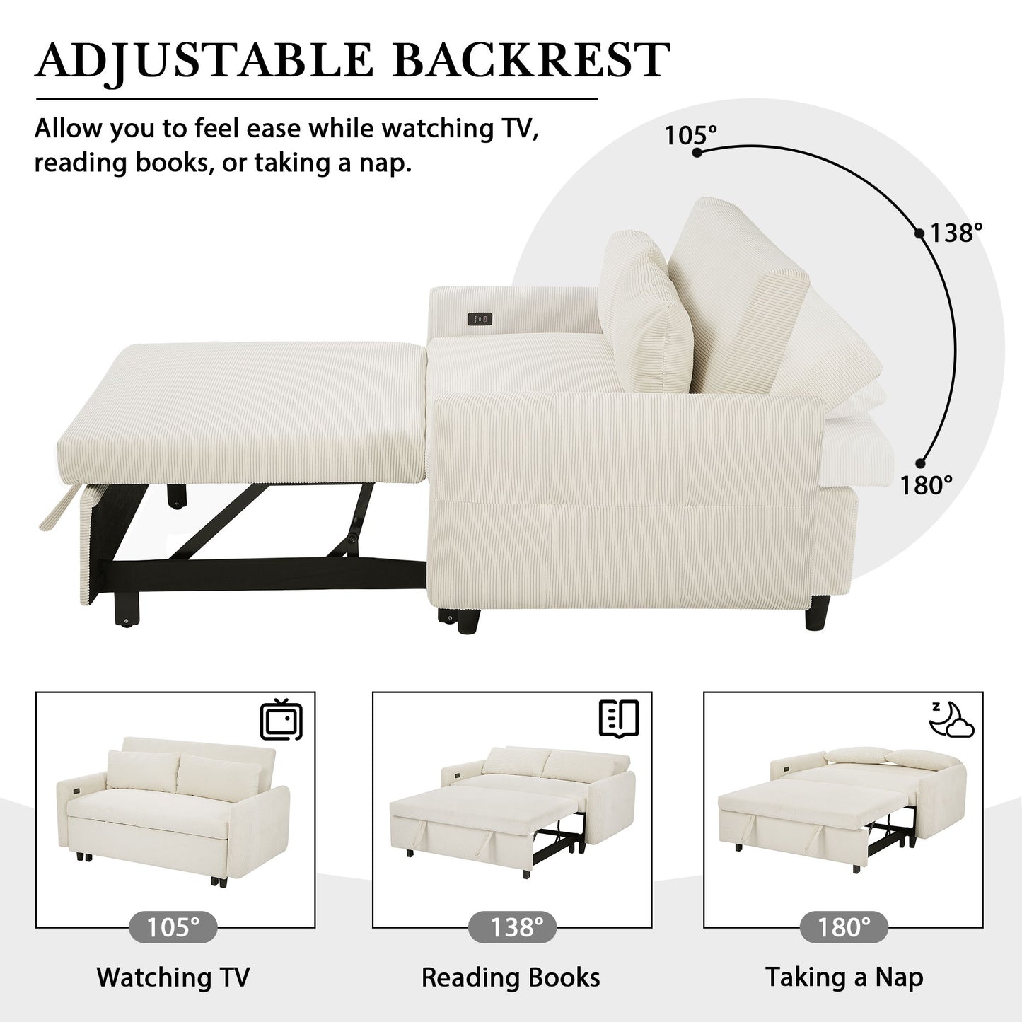 Pull-Out 2 Seat Modern Sleeper Sofa With 2 Throw Pillows And USB Ports