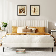 King Size Bed frame, Velvet Upholstered Platform Bed with Height-Adjustable Headboard, Sturdy Frame and Alats, Quiet Design, No-Spring Mattress Compatible, Easy to Assemble, Beige