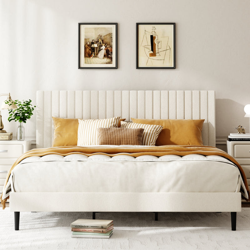 King Size Bed frame, Velvet Upholstered Platform Bed with Height-Adjustable Headboard, Sturdy Frame and Alats, Quiet Design, No-Spring Mattress Compatible, Easy to Assemble, Beige