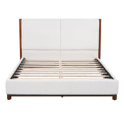 Queen Size Upholstered Bed Frame, Walnut Wood Trim with White Fabric, Plywood & Rubber Wood Construction, 600 LBS Weight Capacity, Fits 8'-10' Mattress, No Box Spring Needed