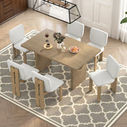TREXM 7-Piece Retro Dining Table Set for 6, 60' Wood Dining Table Set for 6 with Upholstered Chairs and Designed Trestle Base for kitchen & Dining Room (Natural Wood Wash)
