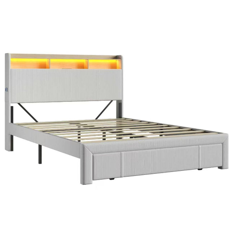 Queen-size upholstered bed with drawers, storage headboard with charging station and LED lights, no spring mattress needed, silent design, easy to assemble, beige