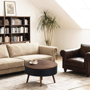 31.5-inch round coffee table with storage function, featuring an engraved tabletop, is an ideal beverage table for small spaces, serving as a modern-style accent side table suitable for living rooms,