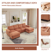 122 Inch U-Shaped Cloud Modular Sectional Sofa, Corduroy Sleeper Sofa for Living Room, Modern, Small Space, Easy Assembly, 4-Seat with 2 Ottomans, Orange