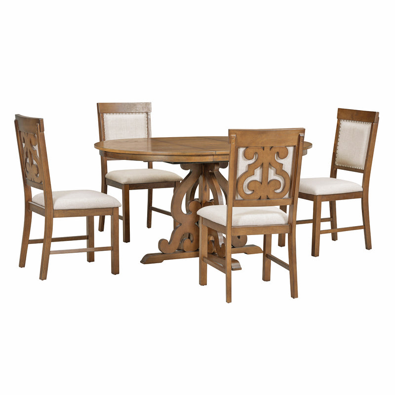 TREXM 5-Piece Retro Functional Dining Set, 1 Extendable Table with a 16-inch Leaf and 4 Upholstered Chairs for Dining Room and Kitchen (Walnut)
