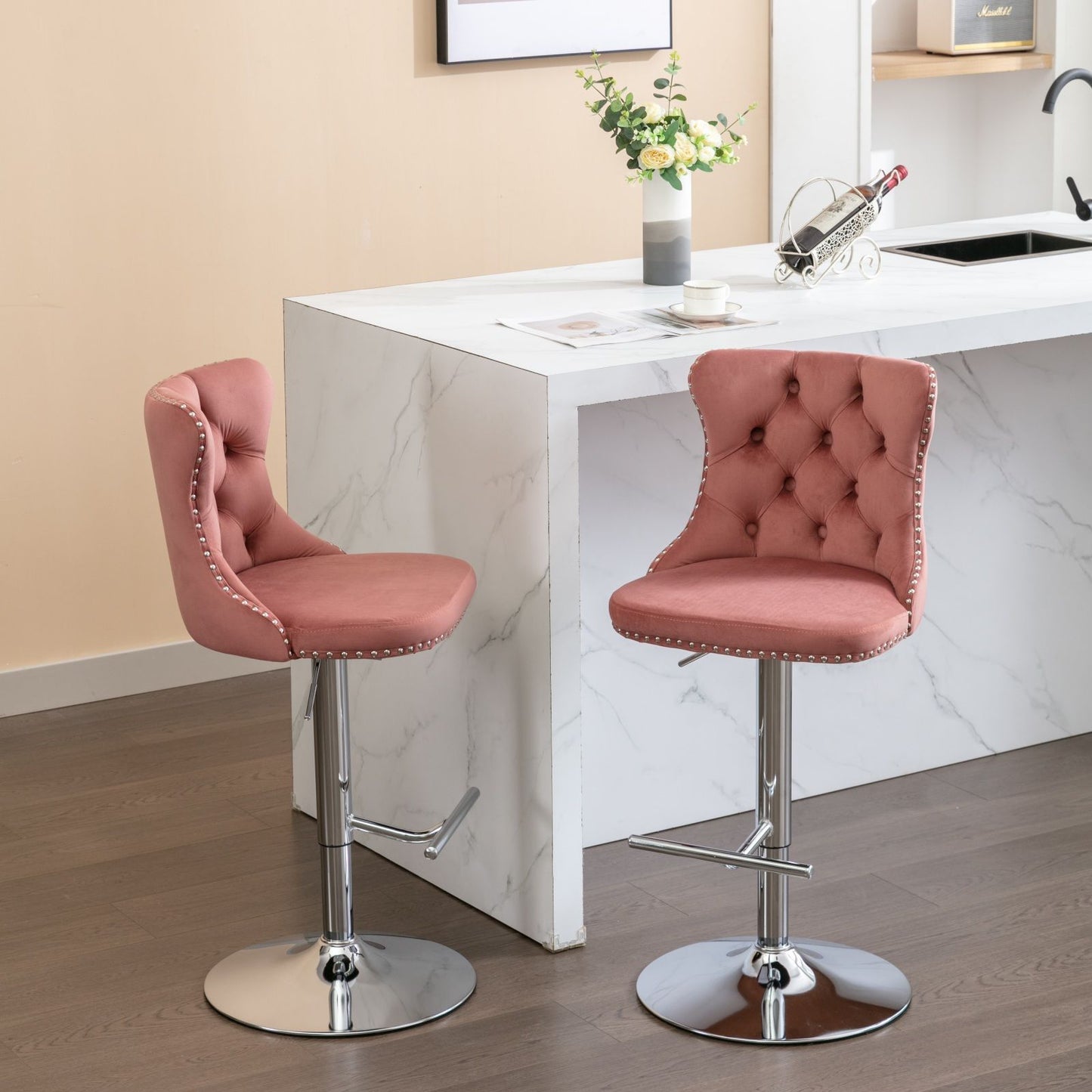 Swivel Barstools Adjusatble Seat Height From 25-33", Modern Upholstered Base Bar Stools With Backs Comfortable Tufted For Home Pub And Kitchen Island (Set of 2)