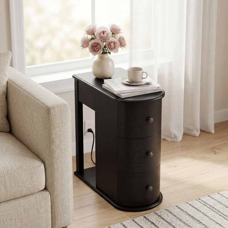 Modern End Table with Hidden Cup Holder Drawer, Charging Station & Pull-Out Side Table, Wooden Bedside Table with 2 Storage Drawers, Space Saving End Table for Bedroom & Living Room