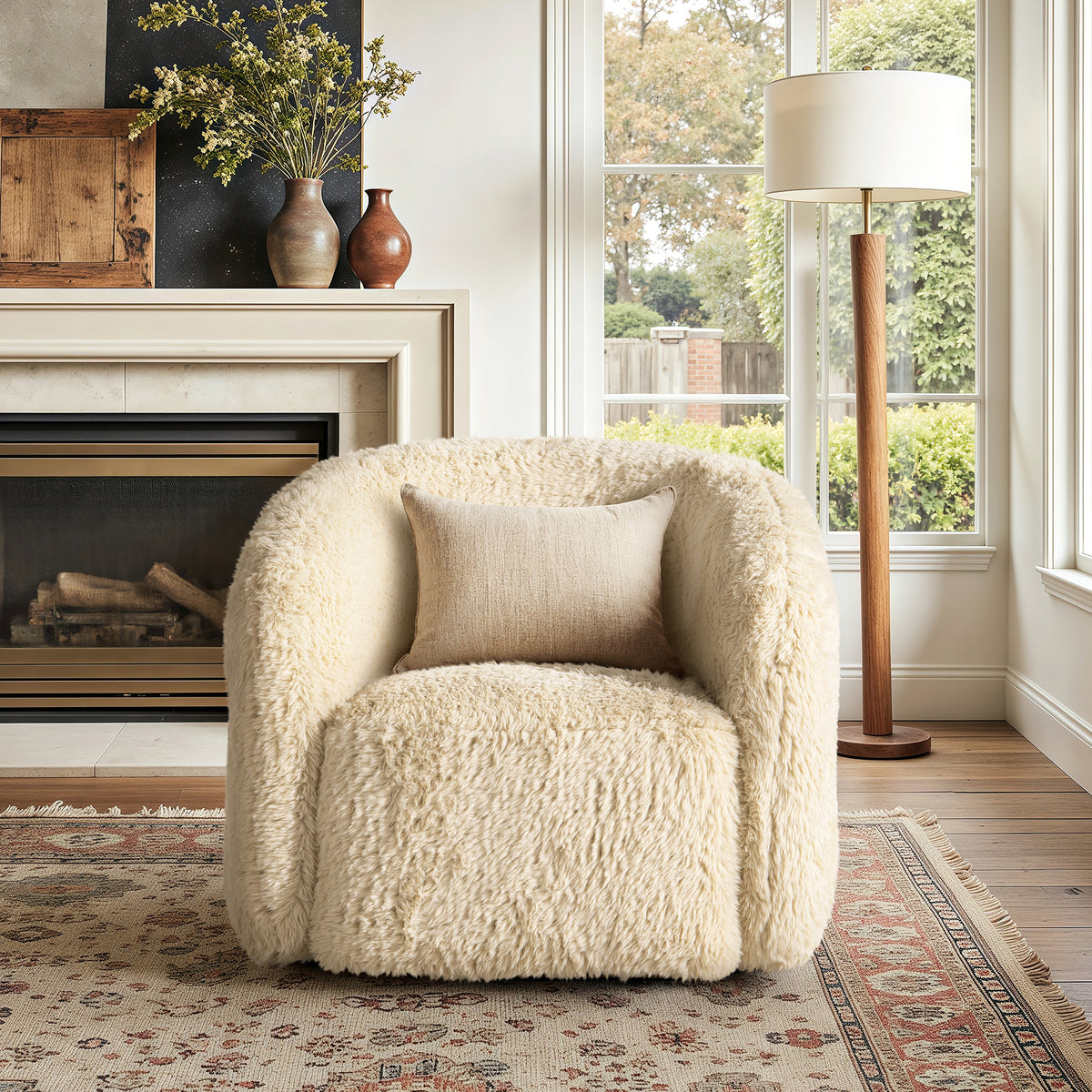 Colt 33' Fur Swivel Upholstered Barrel Accent Arm Chair, Cream Beige Faux Fur