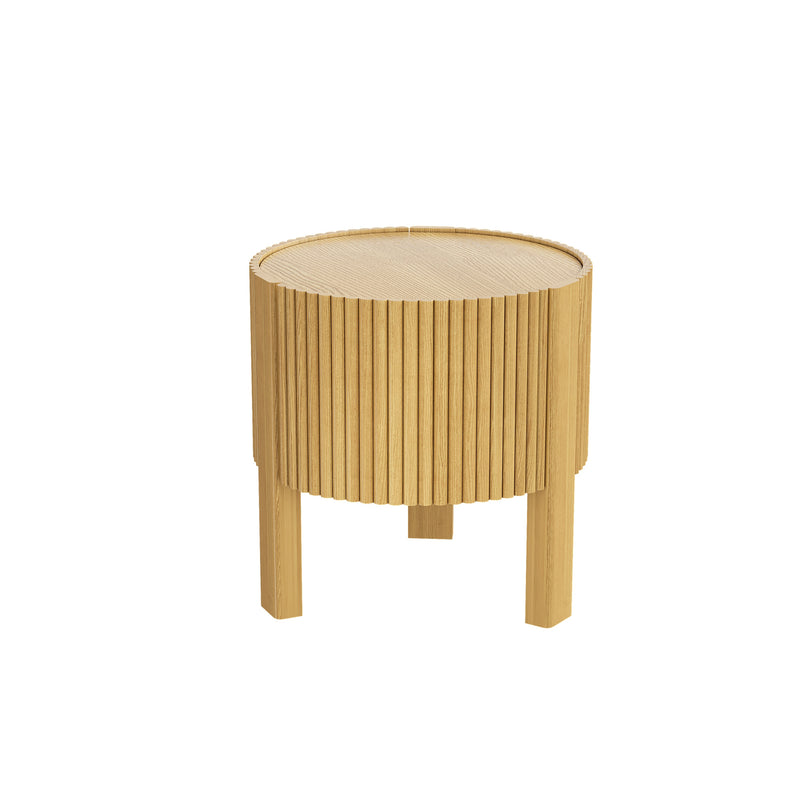 Round Fluted Side Table with Storage for Living Room, Rubber Solid Wood, Soft-close Door, Natural, 19.6'