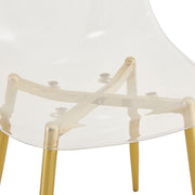 Table and chair set.71 inch oval tempered glass dining table,gold double column light luxury style. Paired with 6 Transparent Plastic Chairs with Golden Metal Legs.