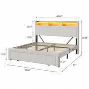 Queen-size upholstered bed with drawers, storage headboard with charging station and LED lights, no spring mattress needed, silent design, easy to assemble, beige