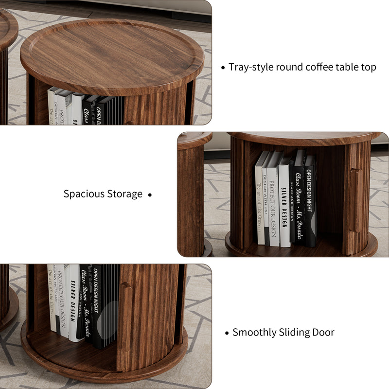 4Piece Round Coffee Table Set, Modern Nesting Side Tables with Sliding Door Storage, Walnut Finish Sofa End Table & Bedside Nightstand for Living Room & Bedroom, Fluted Roman Column Design Accent Tab