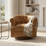 Brown 360° Swivel Accent Chair with PU Leather Upholstery and Bent Wood Base, Curved Back Club Chair for Living Room and Bedroom