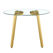 Table and chair set.A Modern Minimalist Style Round Clear Tempered Glass Table with Metal Legs.Paried with white chairs with Modern PU Leather High Back Upholstered and C-Tube Golden Legs.