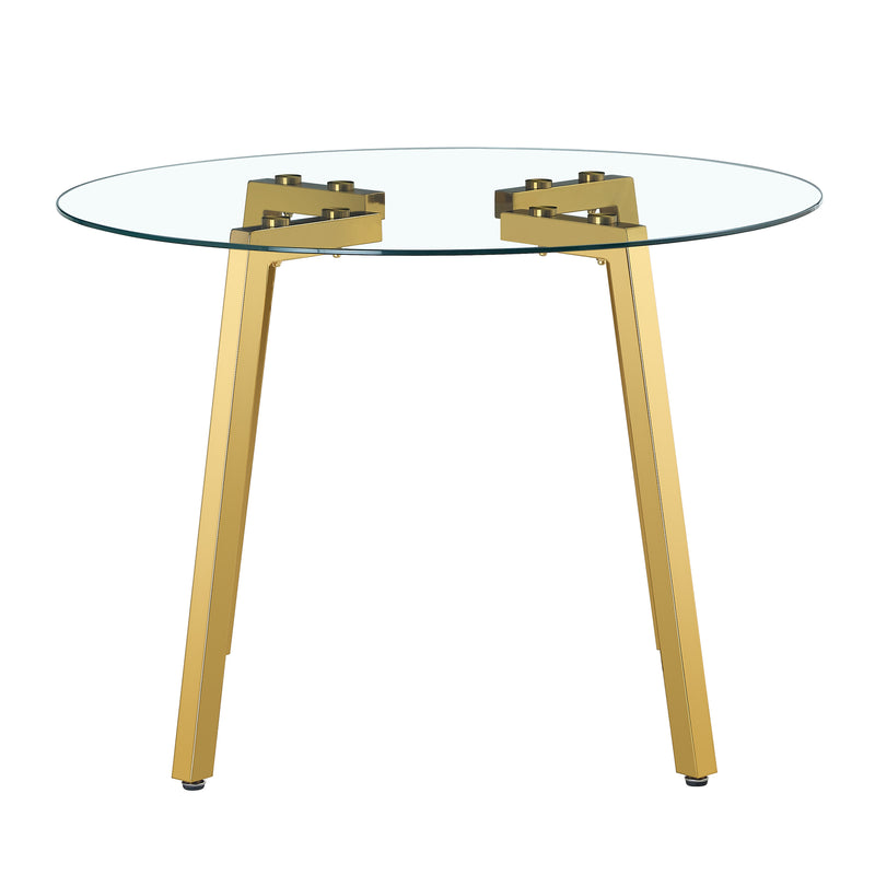Table and chair set.A Modern Minimalist Style Round Clear Tempered Glass Table with Metal Legs.Paried with white chairs with Modern PU Leather High Back Upholstered and C-Tube Golden Legs.