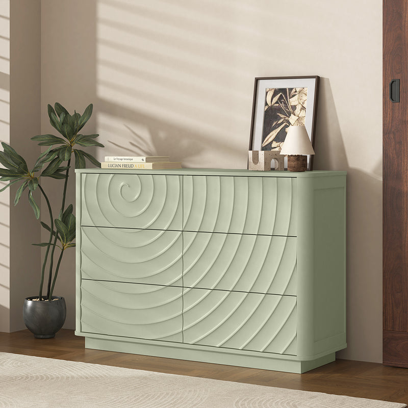 6 Drawer Dresser for Bedroom, 46.5' Wide Modern Large Chest of Drawers with Handle Free & Ripple Design,Wooden Clothes Storage Organizer for Closet, Nursery, Living Room, Apartment, Sage Green