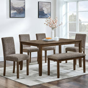 6-Piece Dining Table Set with Bench and Chairs, Wooden dining table set for 6 people, Farmhouse Rustic Style 6 Person Dining Table Set for Dining Room, Kitchen, Walnut