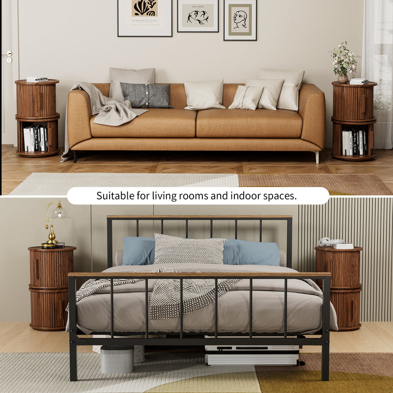 4Piece Round Coffee Table Set, Modern Nesting Side Tables with Sliding Door Storage, Walnut Finish Sofa End Table & Bedside Nightstand for Living Room & Bedroom, Fluted Roman Column Design Accent Tab