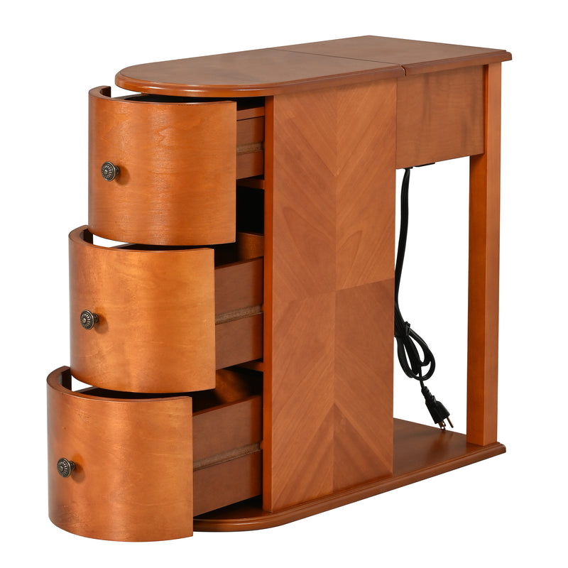 Modern End Table with Hidden Cup Holder Drawer, Charging Station & Pull-Out Side Table, Wooden Bedside Table with 2 Storage Drawers, Space Saving End Table for Bedroom & Living Room