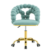 Modern Velvet Adjustable Swivel Desk Chair with Bubble Back, Upholstered Vanity Chair with Gold Metal Base, Rolling Office Chair for Home Office, Bedroom, Makeup Room, Blue (Set of 1)