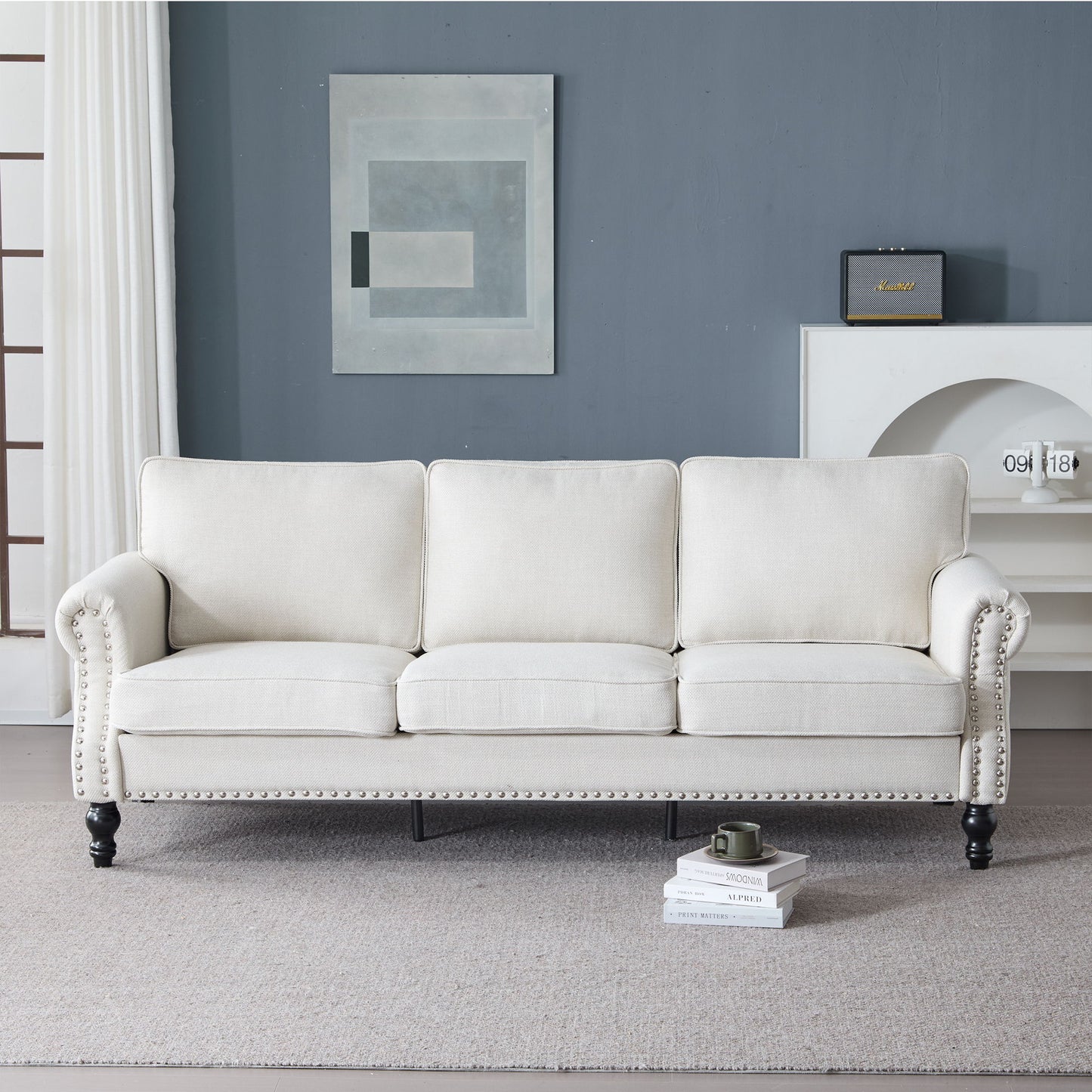 Rolled Arm Sofa With Nailhead Trim With Wooden Legs