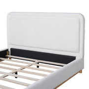 Queen Size Bed Frame with Boucle Upholstered Curved Headboard, Solid Wood Base, White