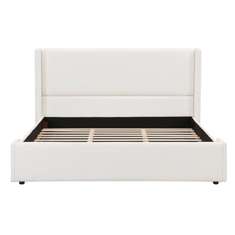 Elegant White Fabric Upholstered Bed with Tall Headboard, White, KING