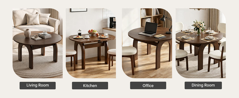 51.2' Solid Wood Extendable Dining Table Set with 6 Upholstered Chairs, 7 Piece Farmhouse Dinner Set with Walnut Finish & Arch Legs, Drop Leaf Converts Oval to Round for Small Spaces, Easy Assembly