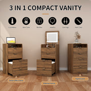3 in 1 Vanity Desk with 3 Drawers and Rolling Stool, Compact Vanity with Flip Top Mirror and Lights, Modern Small Makeup Vanity Table (Walnut Color)
