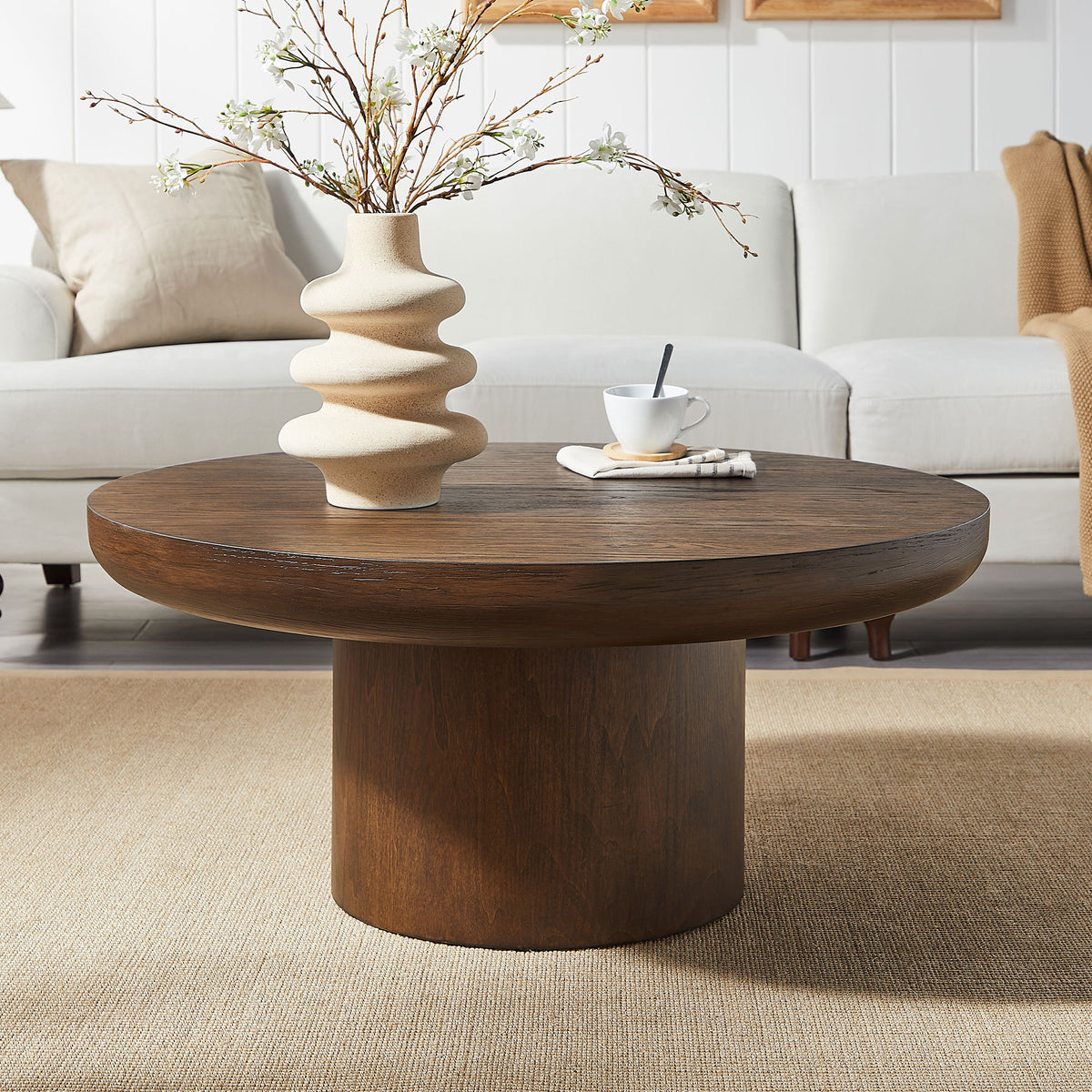 Round Coffee Table with Cylindrical Leg,Wood Veneer Tabletop Table,Rounded Sofa Side Table for living Room Office,Brown