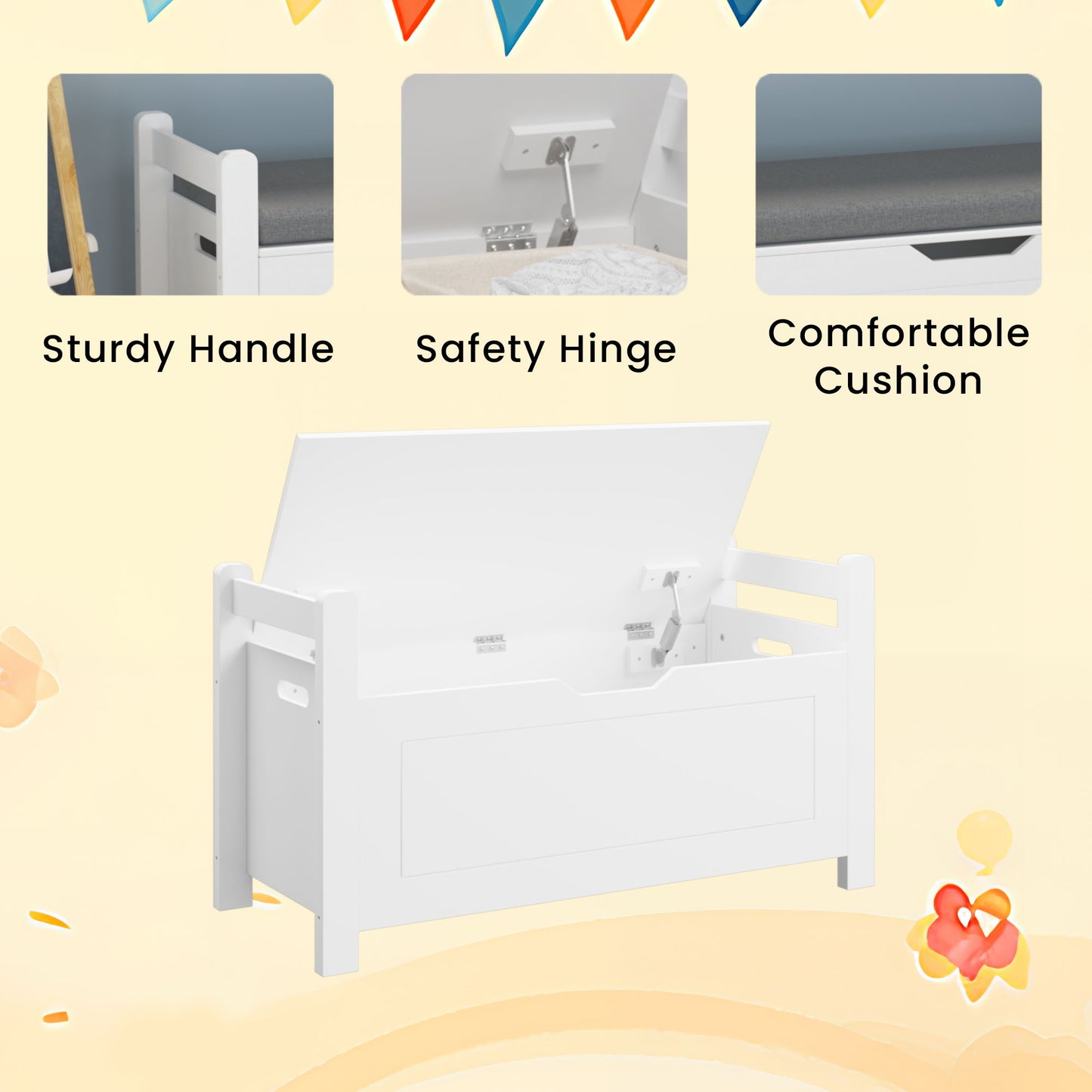 Kids Toy Box Chest Storage Cabinet With Cushion Seat Bench Flip Top Lid Safety Hinge - White
