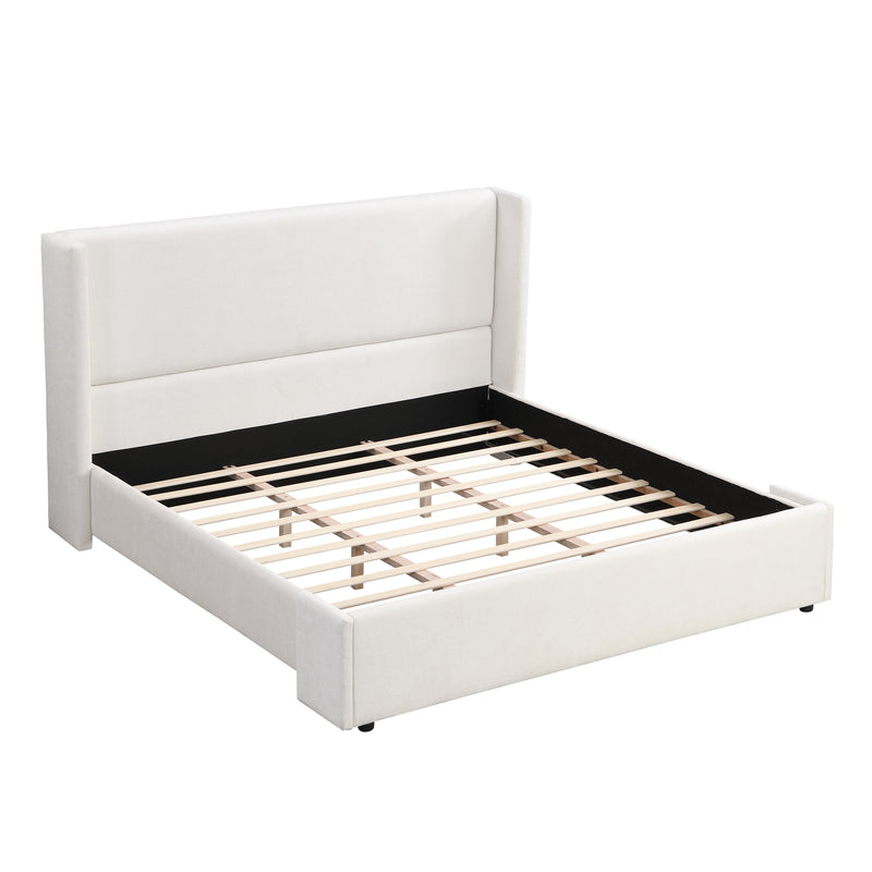 Elegant White Fabric Upholstered Bed with Tall Headboard, White, KING
