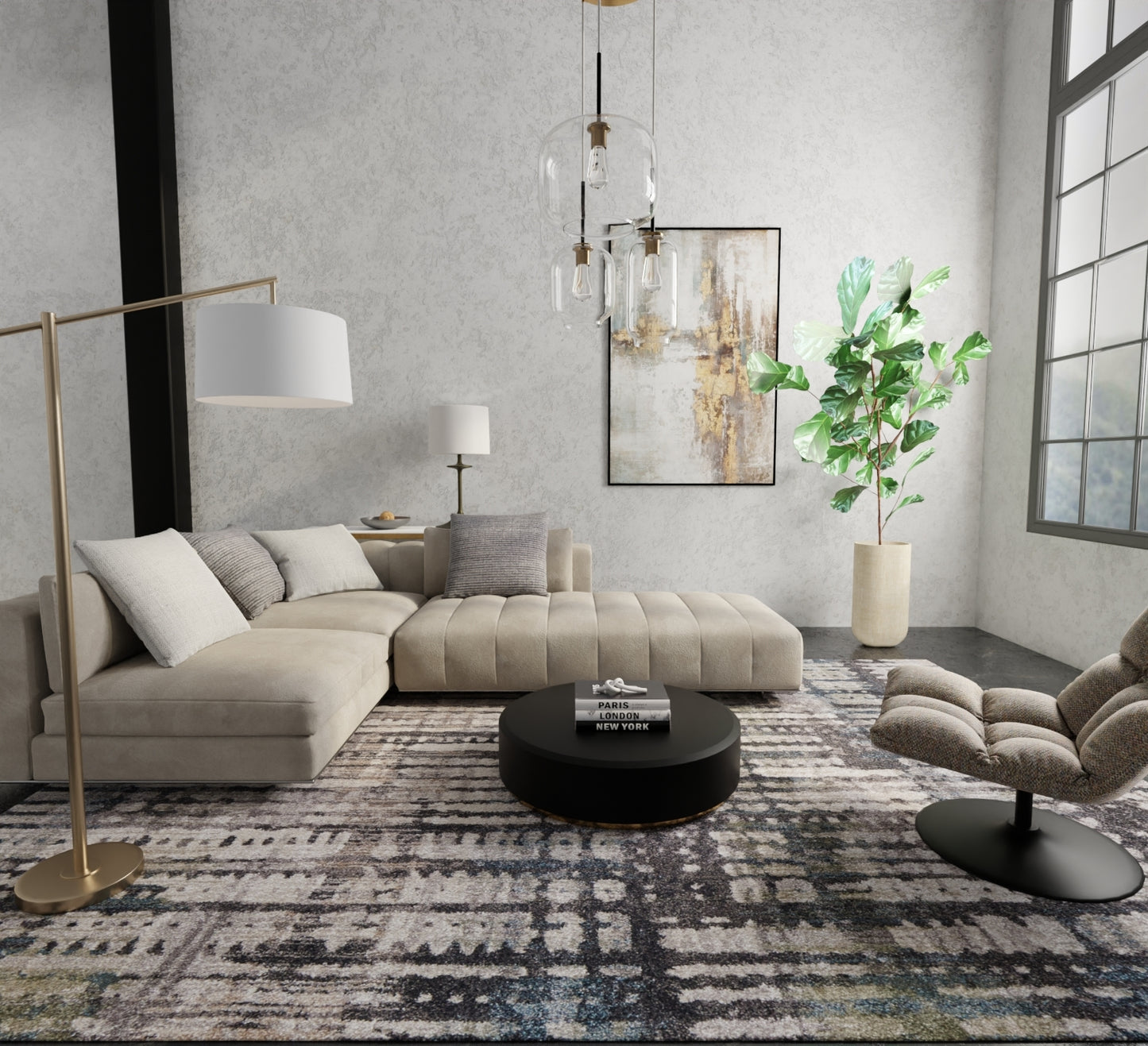 Skyview Modern Abstract, Gray/Black/Ivory