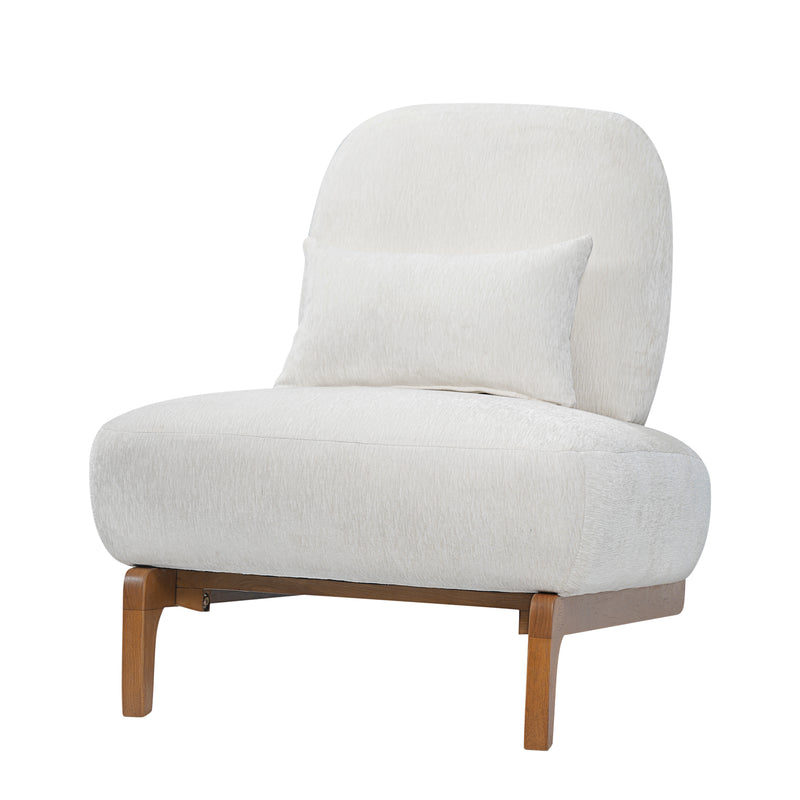 Modern Armless Accent Chair with Curved Wood Base, Linen Upholstered Slipper Chair with Lumbar Pillow, High-Back Lounge Chair for Living Room, Bedroom & Reading Nook, Cream White