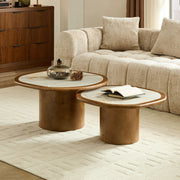 Irregular Coffee Table set, 2pcs burl Wood Veneer Coffee Table,Sintered Stone Tabletop Table with Sturdy MDF Pedestal, Rounded Sofa Side Table for living Room,Office
