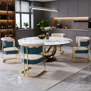 Round Dining Set with 360° Rotating Lazy Susan, Scratch & Heat‑Resistant Sintered Stone Tabletop, 4 Gold‑Plated Iron Thick Cushion Chairs for Dining Room, Kitchen, Compact Space