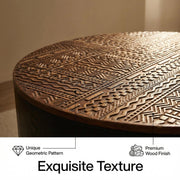 31.5-inch round coffee table with storage function, featuring an engraved tabletop, is an ideal beverage table for small spaces, serving as a modern-style accent side table suitable for living rooms,