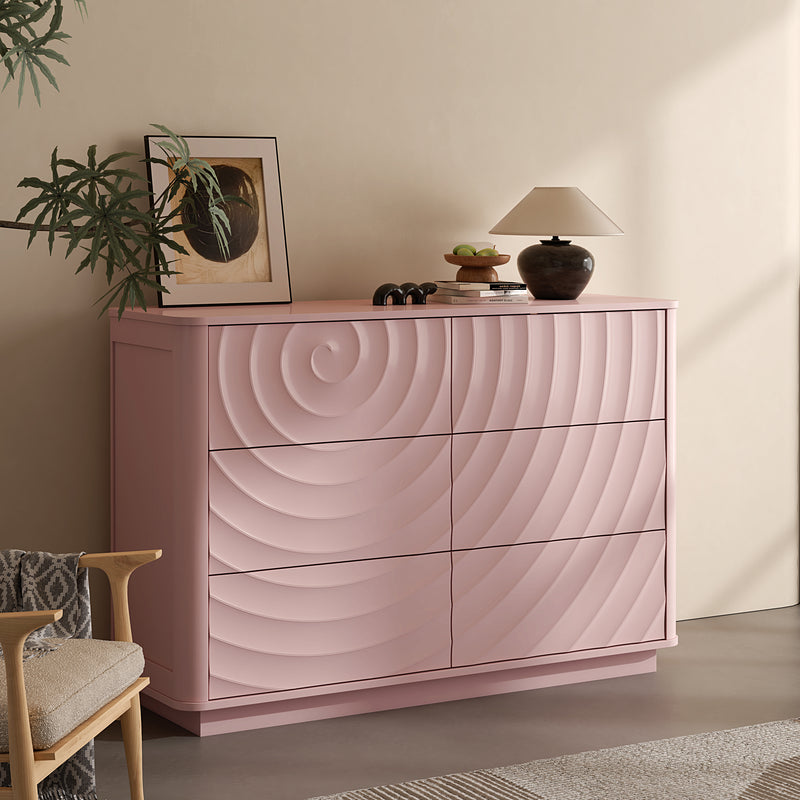 6 Drawer Dresser for Bedroom, 46.5' Wide Modern Large Chest of Drawers with Handle Free & Ripple Design,Wooden Clothes Storage Organizer for Closet, Nursery, Living Room, Apartment,Pink