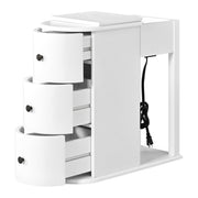 Modern End Table with Hidden Cup Holder Drawer, Charging Station & Pull-Out Side Table, Wooden Bedside Table with 2 Storage Drawers, Space Saving End Table for Bedroom & Living Room
