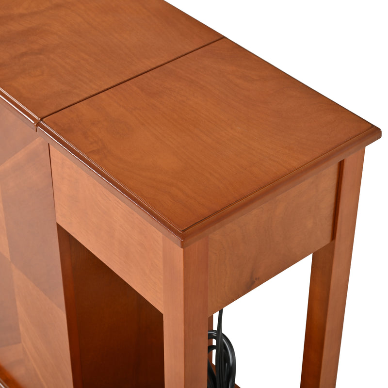 Modern End Table with Hidden Cup Holder Drawer, Charging Station & Pull-Out Side Table, Wooden Bedside Table with 2 Storage Drawers, Space Saving End Table for Bedroom & Living Room