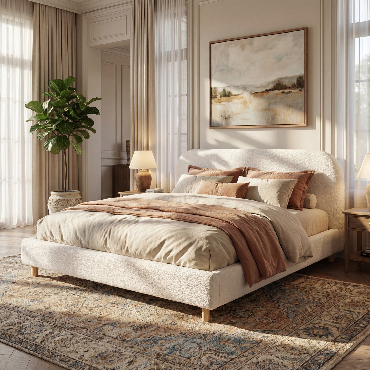 California King Size Upholstered Bed With Boucle Fabric,Curved-Shape Design Thick Headboard, Solid Wood Legs,White (old sku N757P411871K)