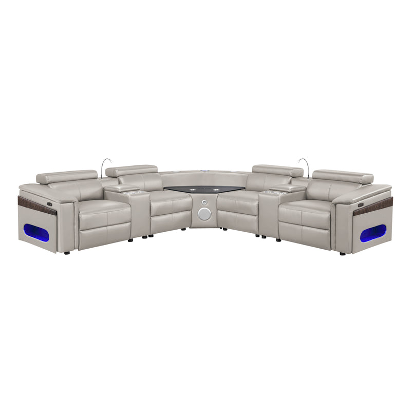 Nova Modern Style Sectional with 2 Consoles (Reading Light + Fridge), Wedge with Bluetooth Speaker, LED and Lifting Wine Cabinet - Gray